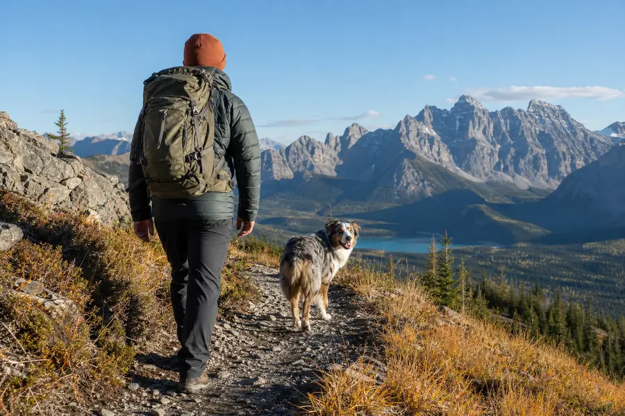 Hiker and dog walking along a mountain trail overlooking rugged peaks.