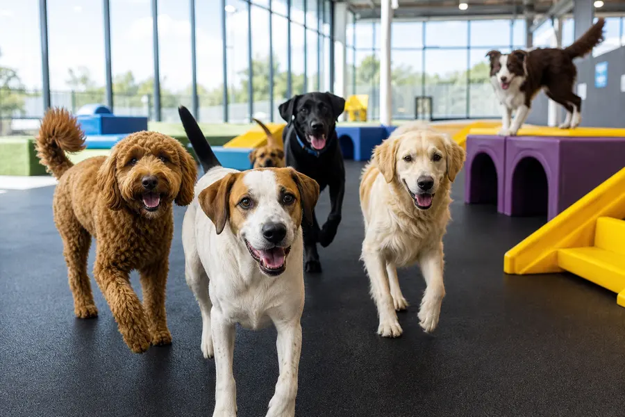 Five dogs walking toward the camera inside an indoor dog park with colourful play equipment.