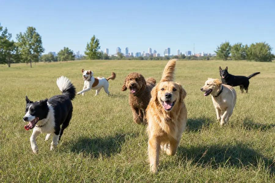 Six dogs running across an off-leash field with a city skyline in the distance.