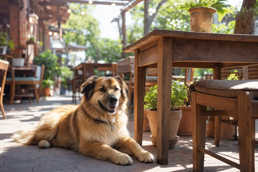 Large brown dog lying beside wooden tables on a sunny restaurant patio.