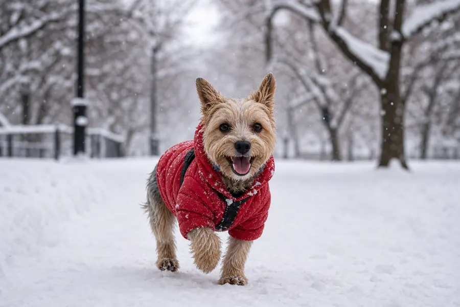 Small dog in a red winter coat running through snow in a tree-lined park.