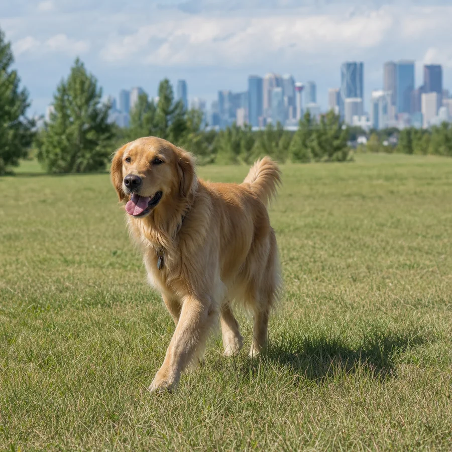 Golden retriever walking naturally through an off-leash park in Calgary.