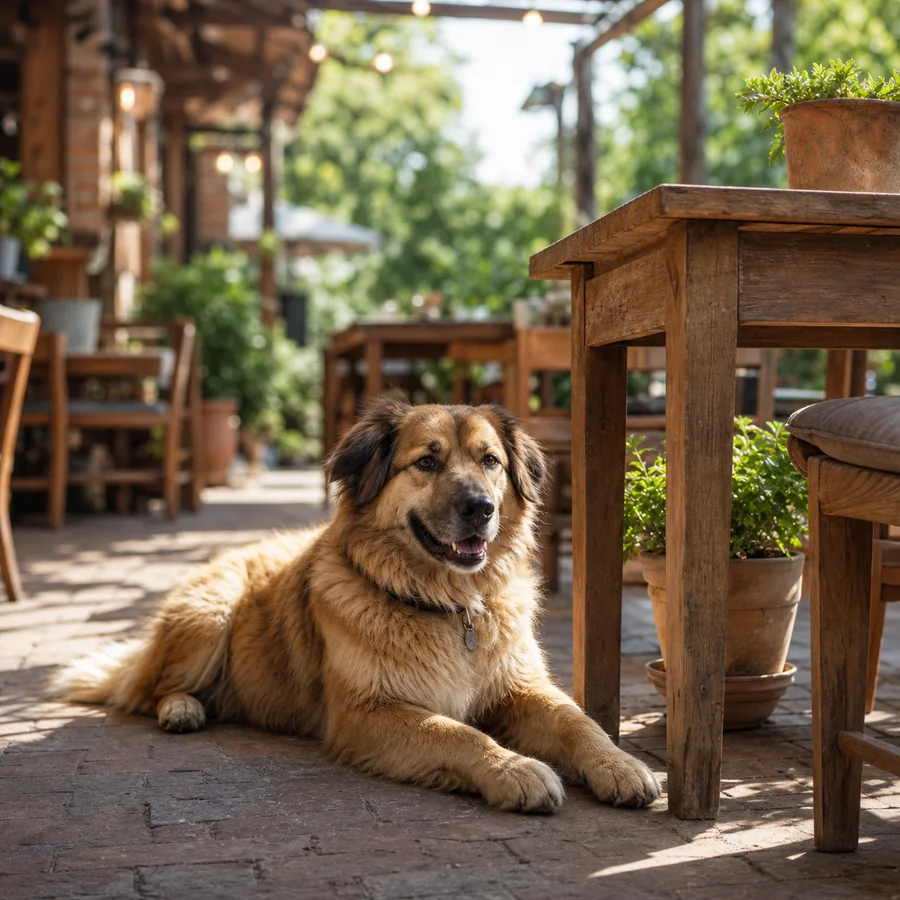 Dog relaxing beside a table on a dog-friendly patio in Calgary.