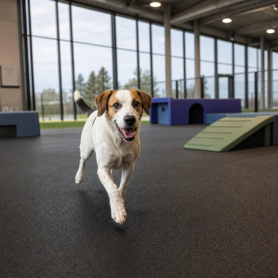 Dog running inside a bright indoor dog park in Calgary.