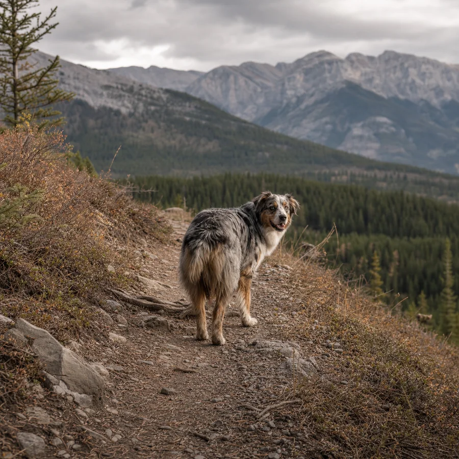 Dog pausing on a mountain trail near Calgary.