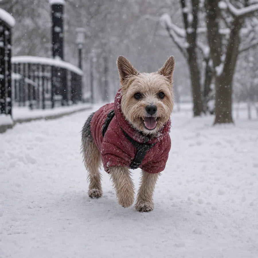 Dog walking in Calgary winter Small dog wearing a practical winter jacket while walking through snow.