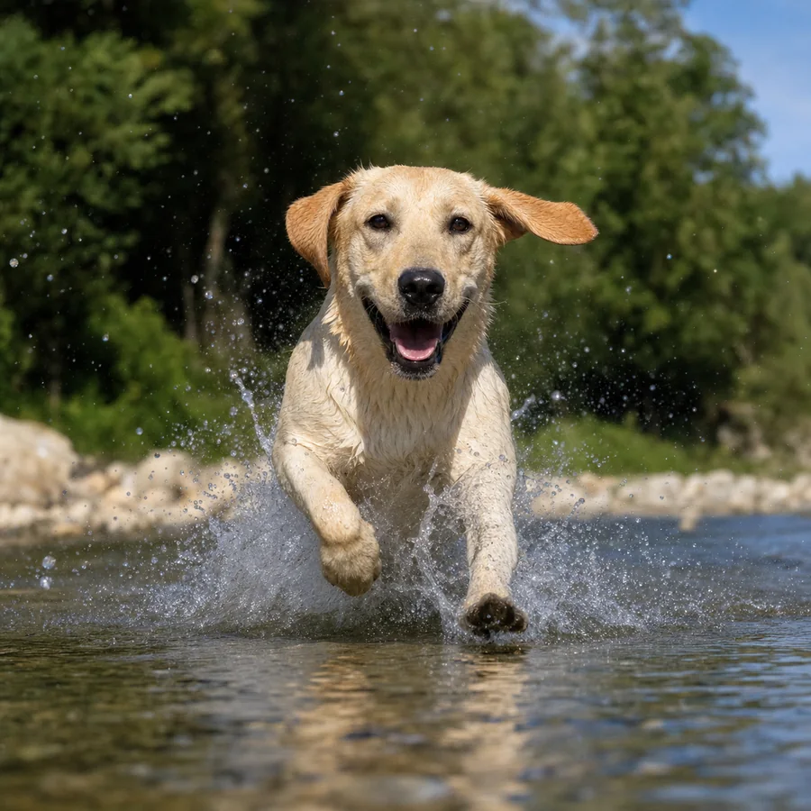 Dog splashing through water Wet dog splashing naturally through shallow water.